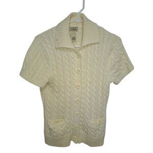 L.L. Bean Womens Small Short Sleeve Cardigan Sweater Cream Cable Knit Button